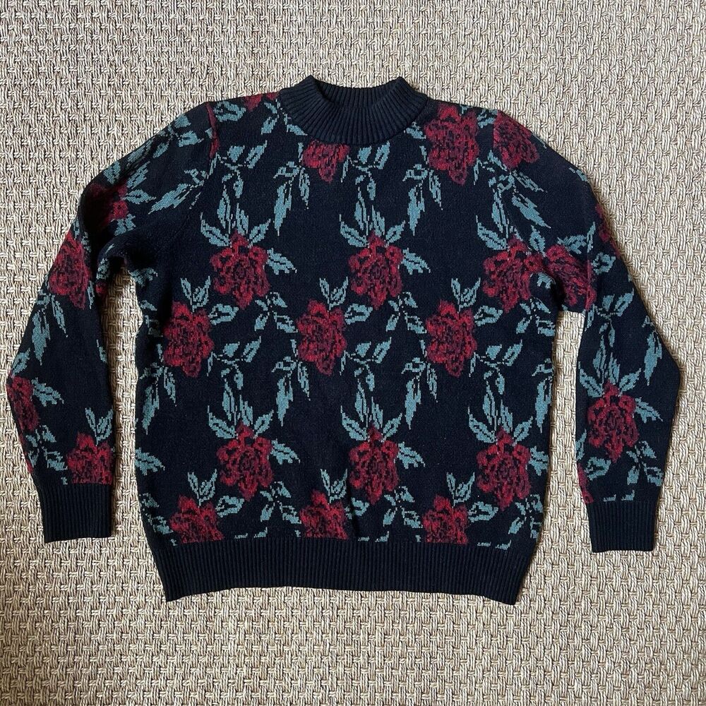Denim & Company Black Mock Neck Sweater Jacquard Dark Floral Sz M Granny Goth